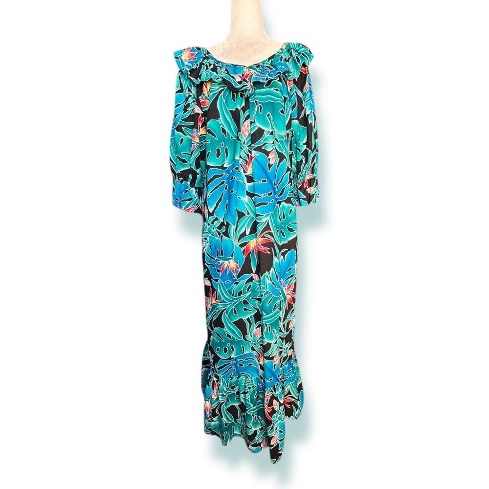 Hilo Hattie Hawaiian Dress Teal Tropical Leaf Cotton Ruffle Off Shoulder Muumuu - Picture 12 of 12